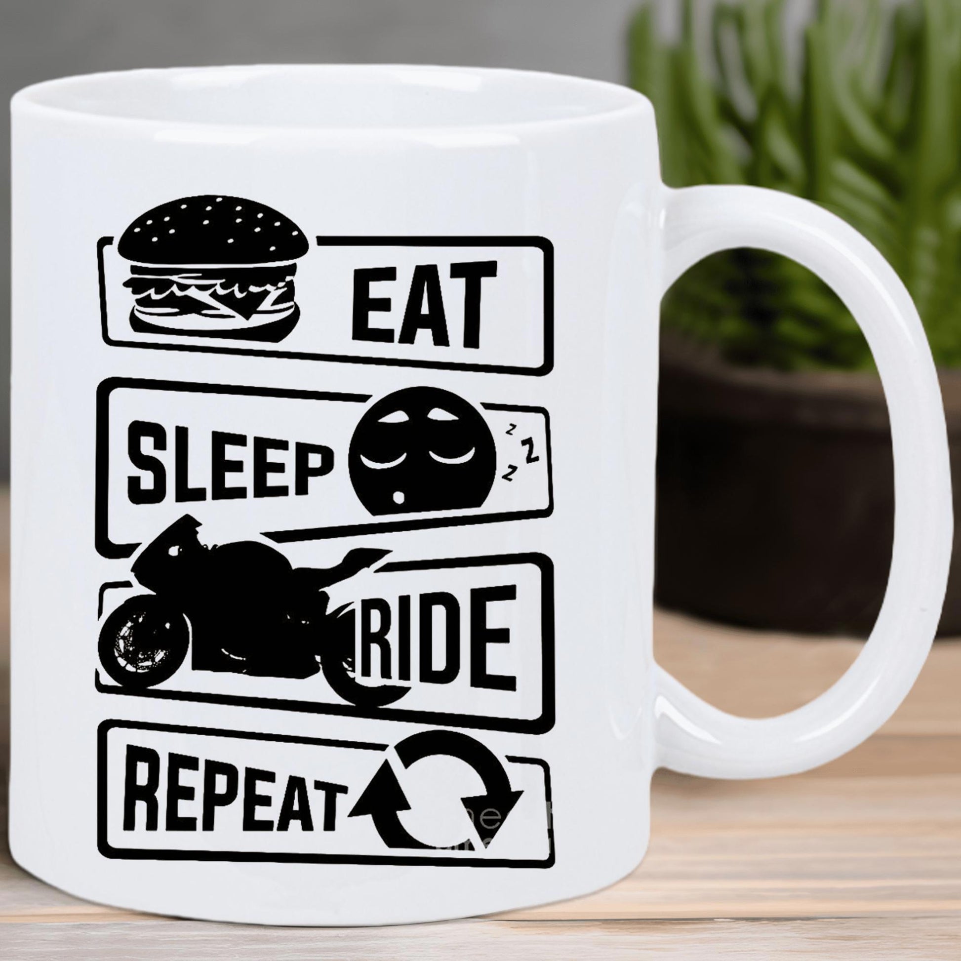 Tailorly White Ceramic 11 oz Mug - Eat Sleep Ride Repeat Sporty Black Silhouette Speeding Through Urban Landscape Scene Motorcycle