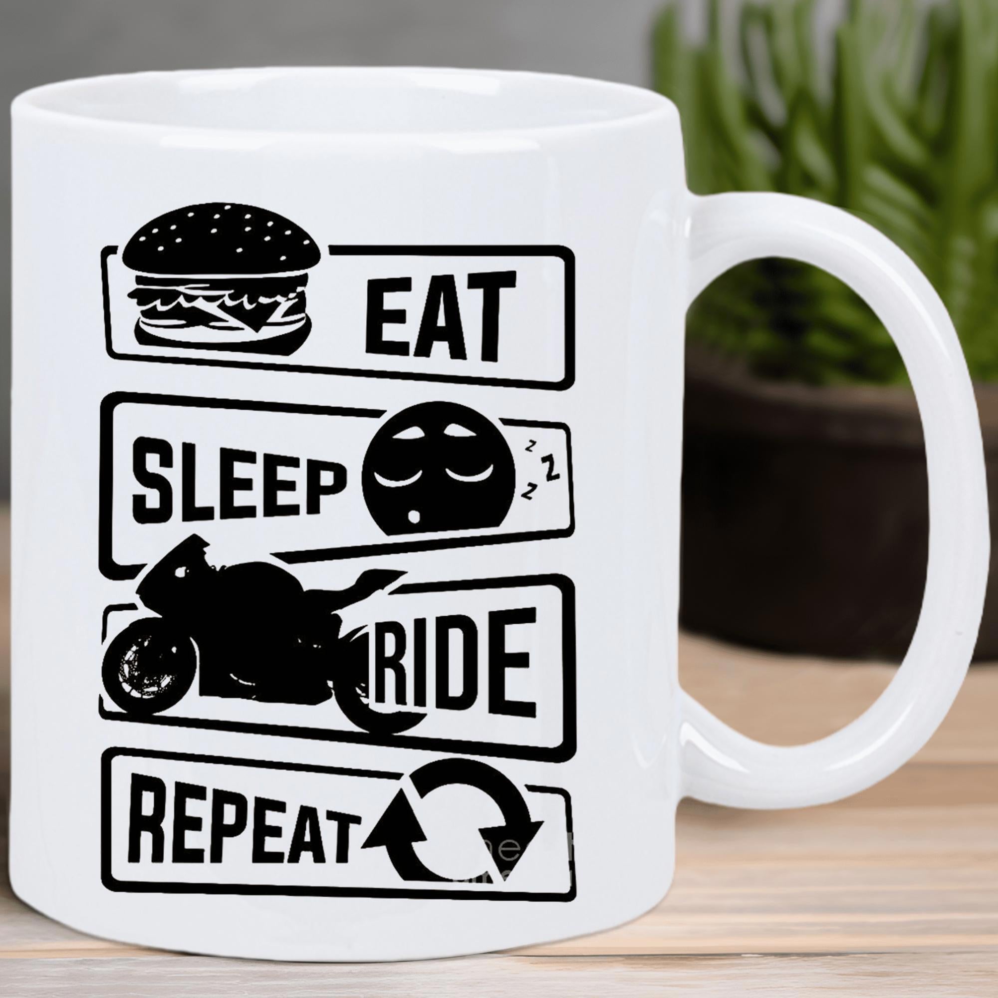 Tailorly White Ceramic 11 oz Mug - Eat Sleep Ride Repeat Sporty Black Silhouette Speeding Through Urban Landscape Scene Motorcycle