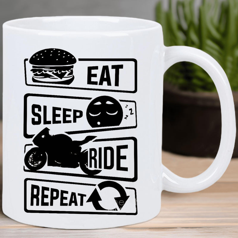 Tailorly White Ceramic 11 oz Mug - Eat Sleep Ride Repeat Sporty Black Silhouette Speeding Through Urban Landscape Scene Motorcycle