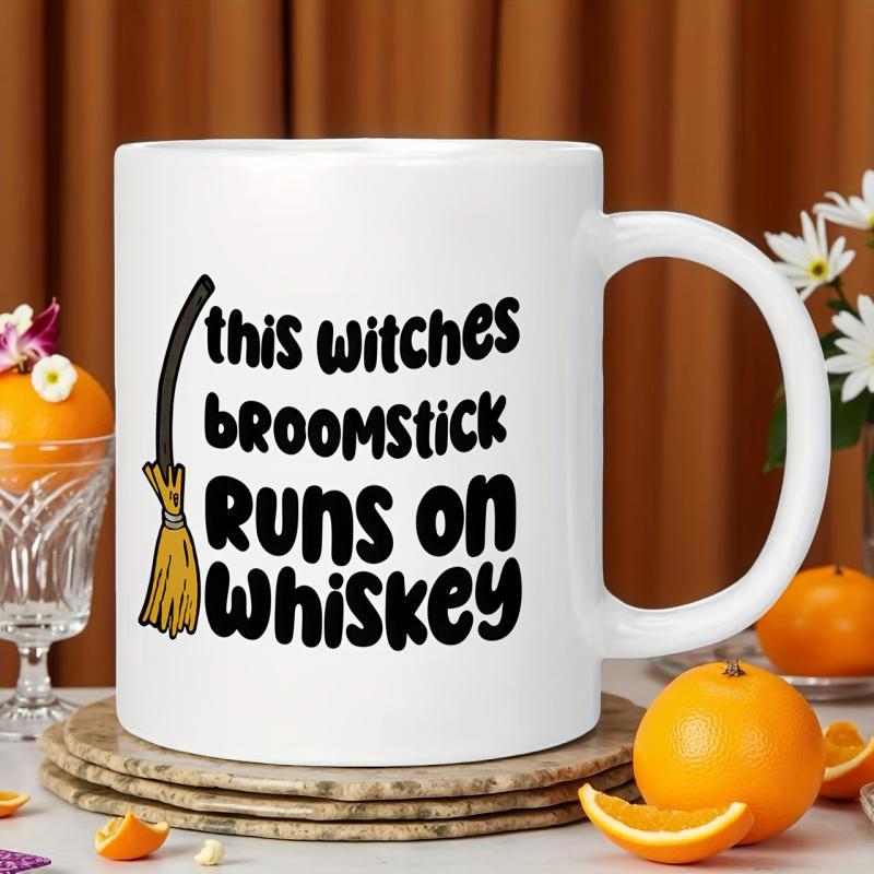 Tailorly White Ceramic 11 oz Mug - This Witches Broomstick Runs On Whiskey Whimsical Hand Drawn Wooden Witch Accessory Among Bold Playful Lettering Broomstick
