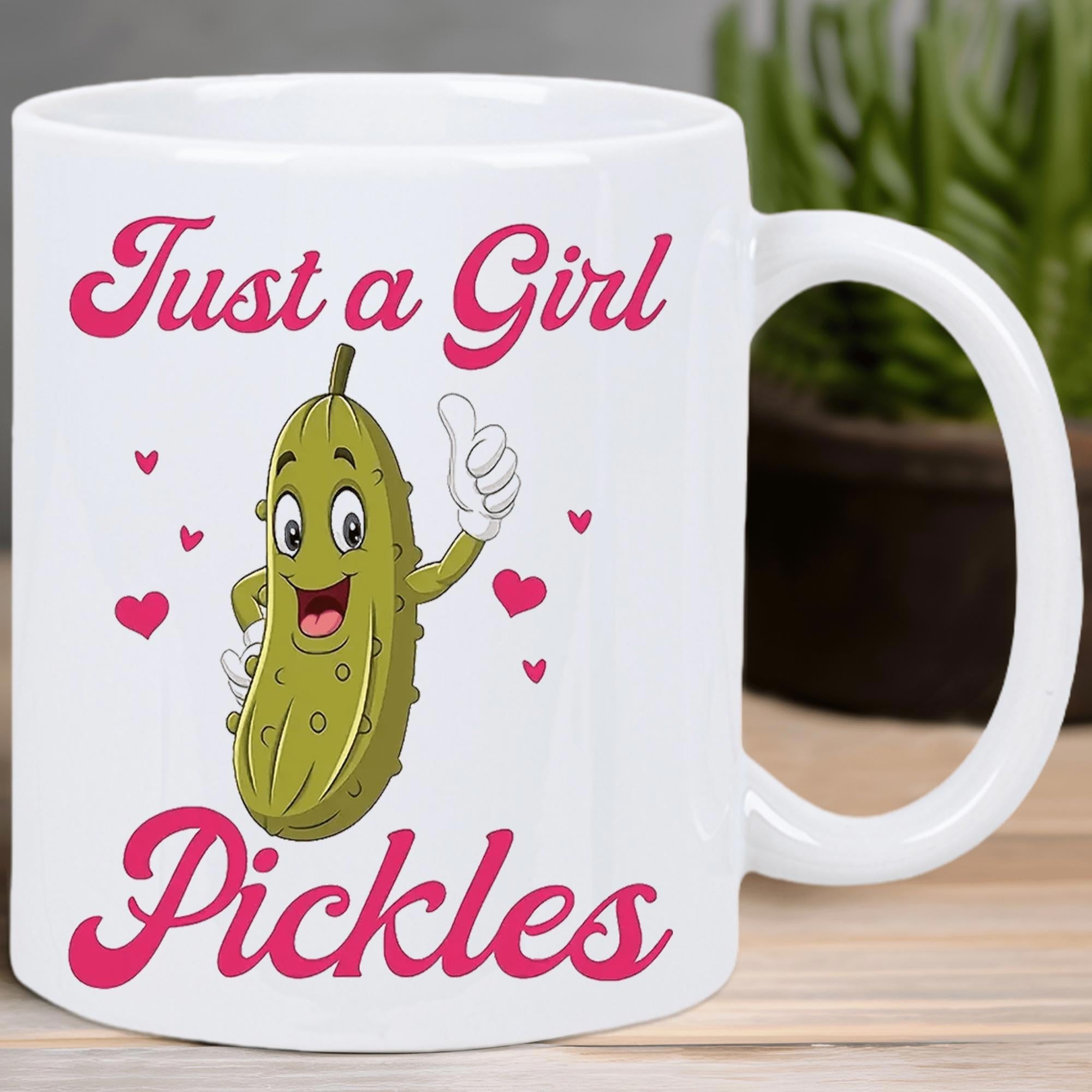 Tailorly White Ceramic 11 oz Mug - Just A Girl Pickles Smiling Green Cartoon Vegetable Character Giving Thumbs Up Among Tiny Pink Hearts Pickle