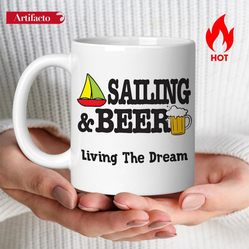 Tailorly White Ceramic 11 oz Mug - Sailing Beer Living The Dream Simple Cartoon Graphics With Nautical Elements And Cold Sailboat