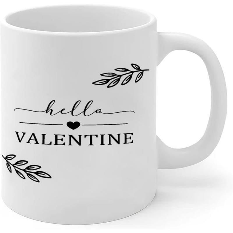 Tailorly White Ceramic 11 oz Mug - Hello Valentine Minimalist Delicate Leaves With Small Heart Between Elegant Script Text Mug