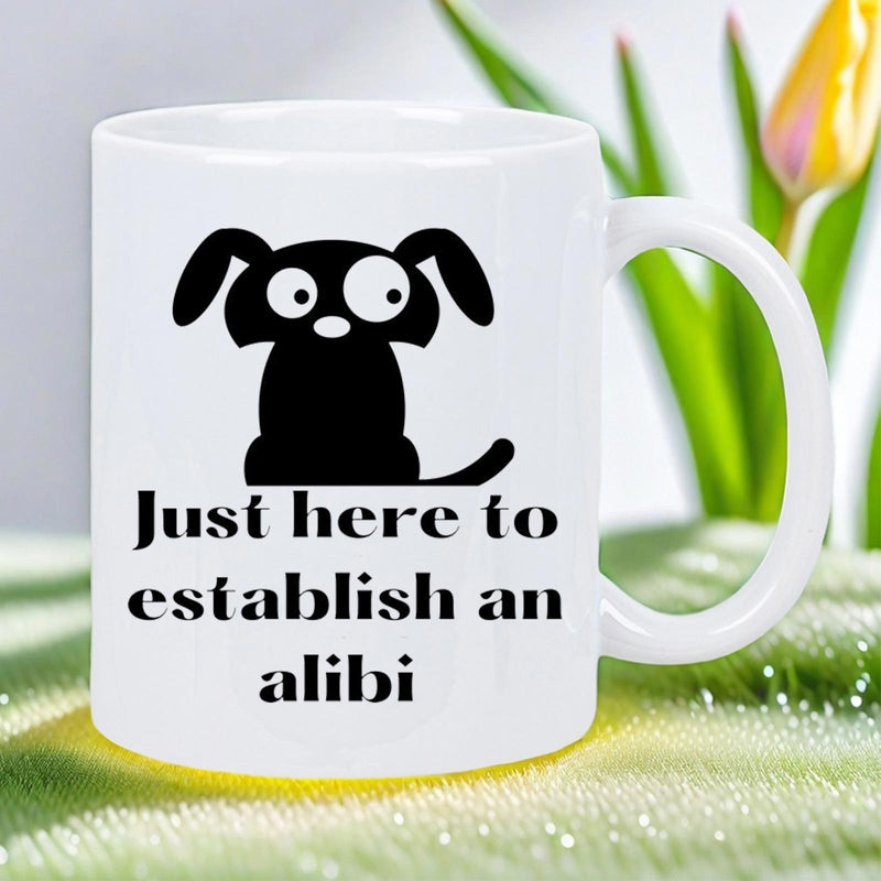 Tailorly White Ceramic 11 oz Mug - Just Here To Establish An Alibi Minimalist Black Silhouetted Cartoon Character With Large Expressive Eyes Dog