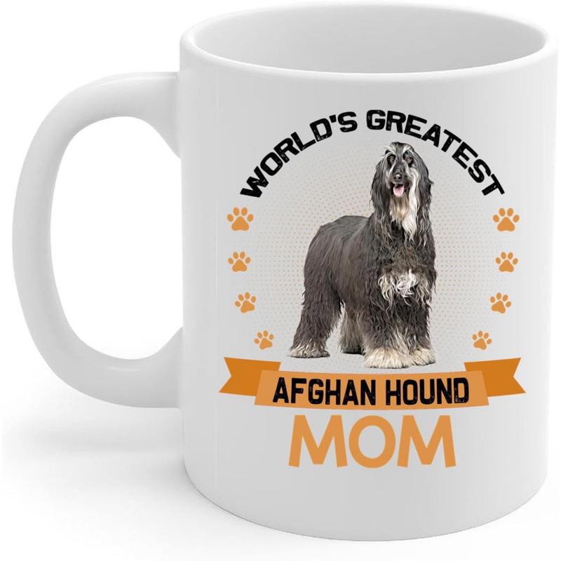 Tailorly White Ceramic 11 oz Mug - Worlds Greatest Afghan Hound Mom Elegant Long Haired Dog Standing Proudly Among Decorative Orange Paw Prints Afghan Hound