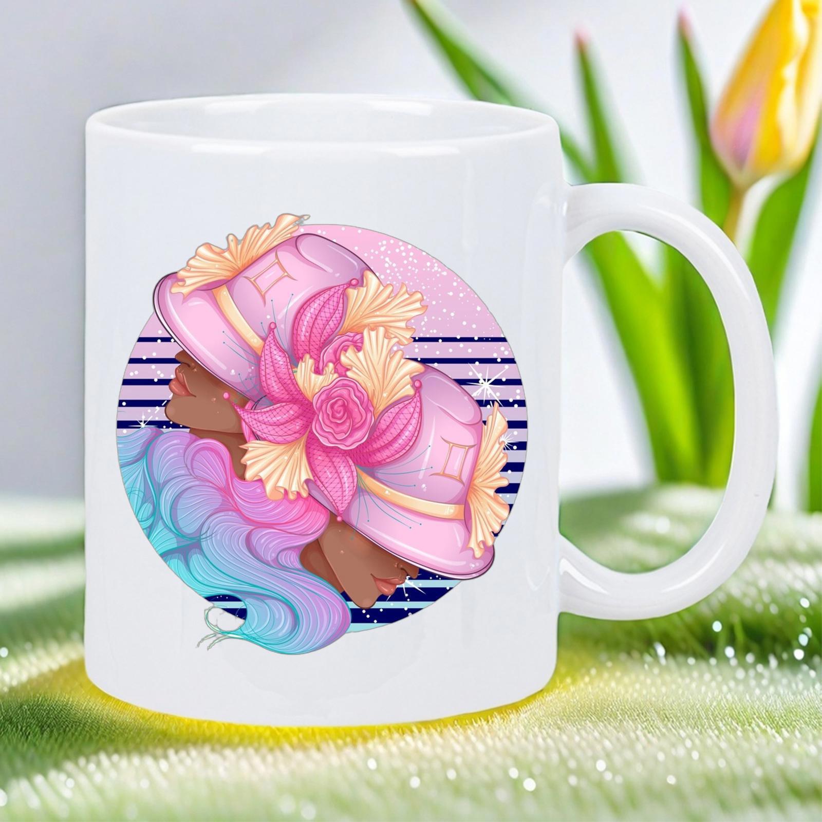 Tailorly White Ceramic 11 oz Mug - Elegant Woman Profile With Pink Flower Hat And Colorful Wavy Hair Illustration