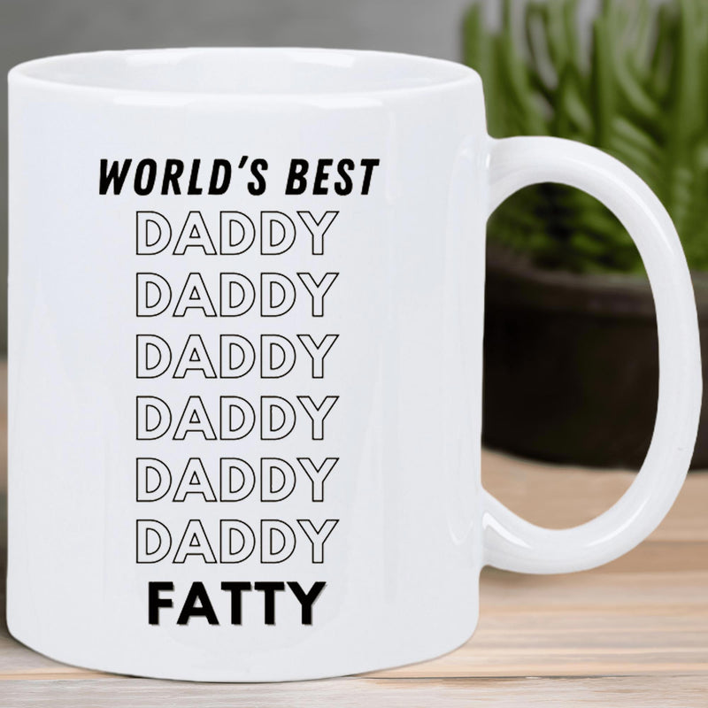 Tailorly White Ceramic 11 oz Mug - World's Best Daddy Fatty Minimalist Stacked Text With Clean Outline Letters And Bold Sans Serif Font Mug