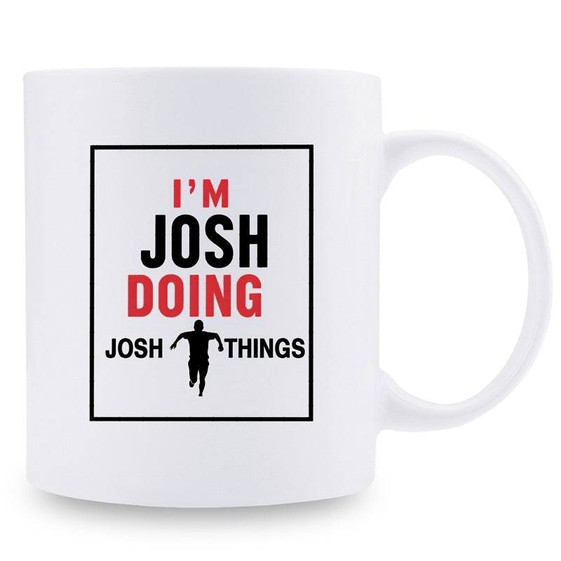 Tailorly White Ceramic 11 oz Mug - Im Josh Doing Josh Things Silhouette Of A Person Running Inside A Minimalist Geometric Frame Mug