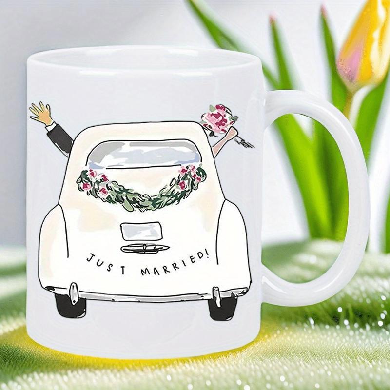 Tailorly White Ceramic 11 oz Mug - Just Married Classic Vintage White Wedding Vehicle Decorated With Elegant Floral Wreath Garland Car