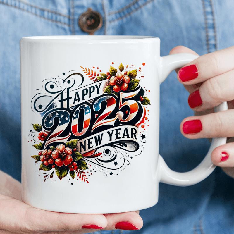 Tailorly White Ceramic 11 oz Mug - Happy 2025 New Year Patriotic Floral Celebration Design On A