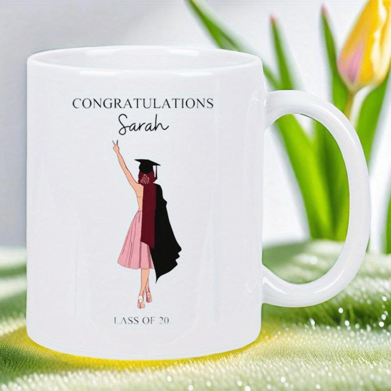 Tailorly White Ceramic 11 oz Mug - Congratulations Sarah Class Of Celebrating Graduation In A Pink Dress And Gown Graduate