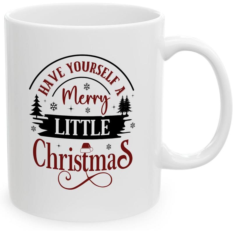 Tailorly White Ceramic 11 oz Mug - Have Yourself A Merry Little Christmas Snowy Winter Trees And Delicate Snowflakes With Festive Red Script Mug