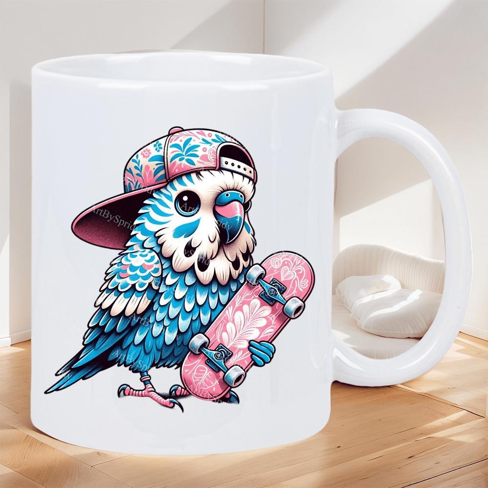 Tailorly White Ceramic 11 oz Mug - Cool Blue Budgie Wearing Floral Snapback Holding A Tiny Pink Skateboard Budgie
