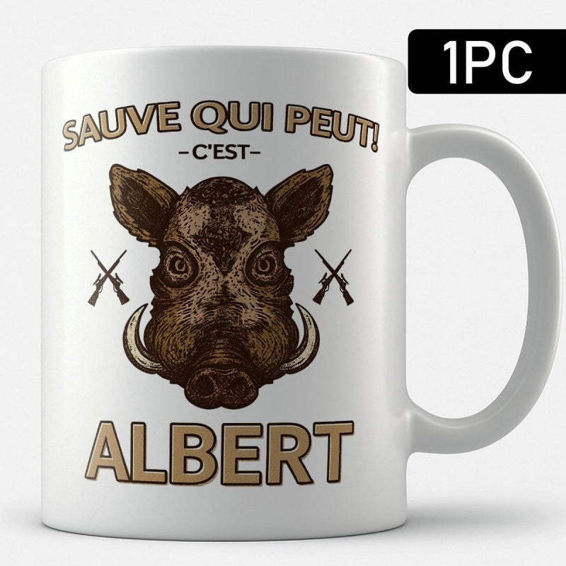 Tailorly White Ceramic 11 oz Mug - Albert Detailed Illustration Of Wild Boar Head Featuring Crossed Rifles Boar