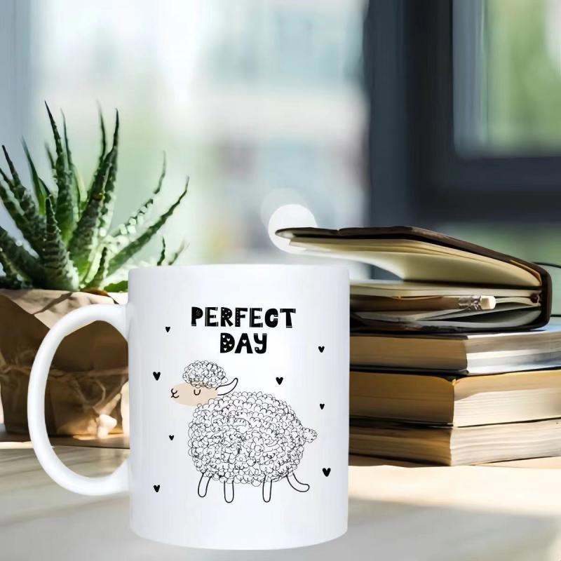 Tailorly White Ceramic 11 oz Mug - Perfect Day Hand Drawn Curly Wool Sheep Surrounded By Tiny Hearts And Dots Sheep