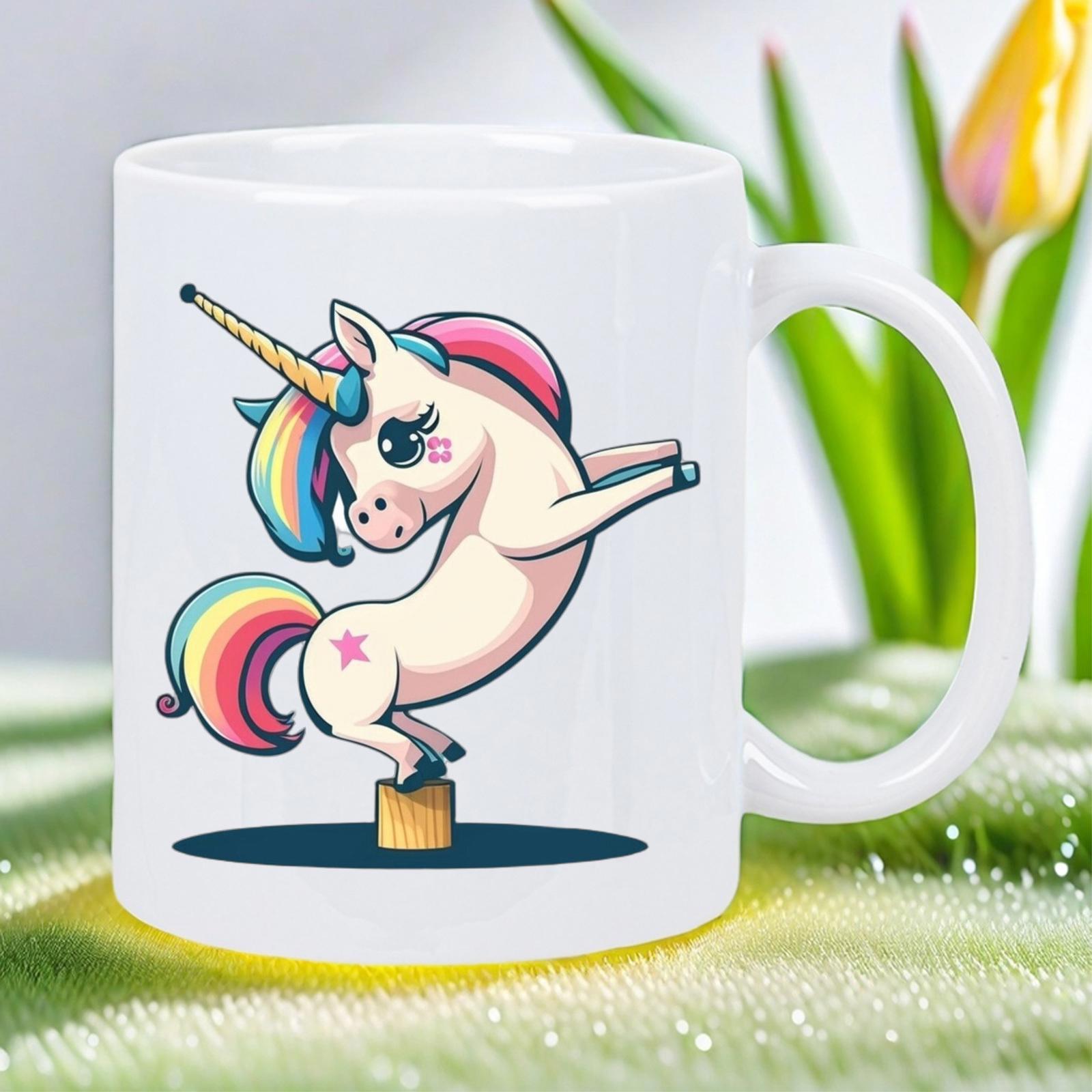 Tailorly White Ceramic 11 oz Mug - Adorable Mythical Creature With Rainbow Mane Dancing In A Playful Stance Unicorn