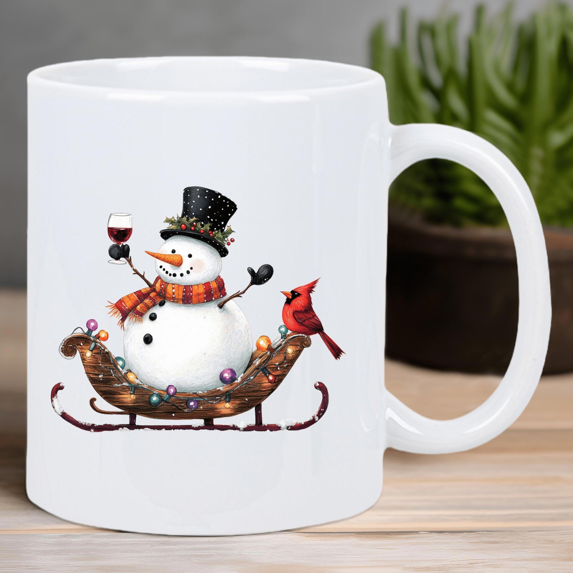 Tailorly White Ceramic 11 oz Mug - Festive Winter Character Sitting In Decorative Sleigh Holding Wine With Red Cardinal Snowman