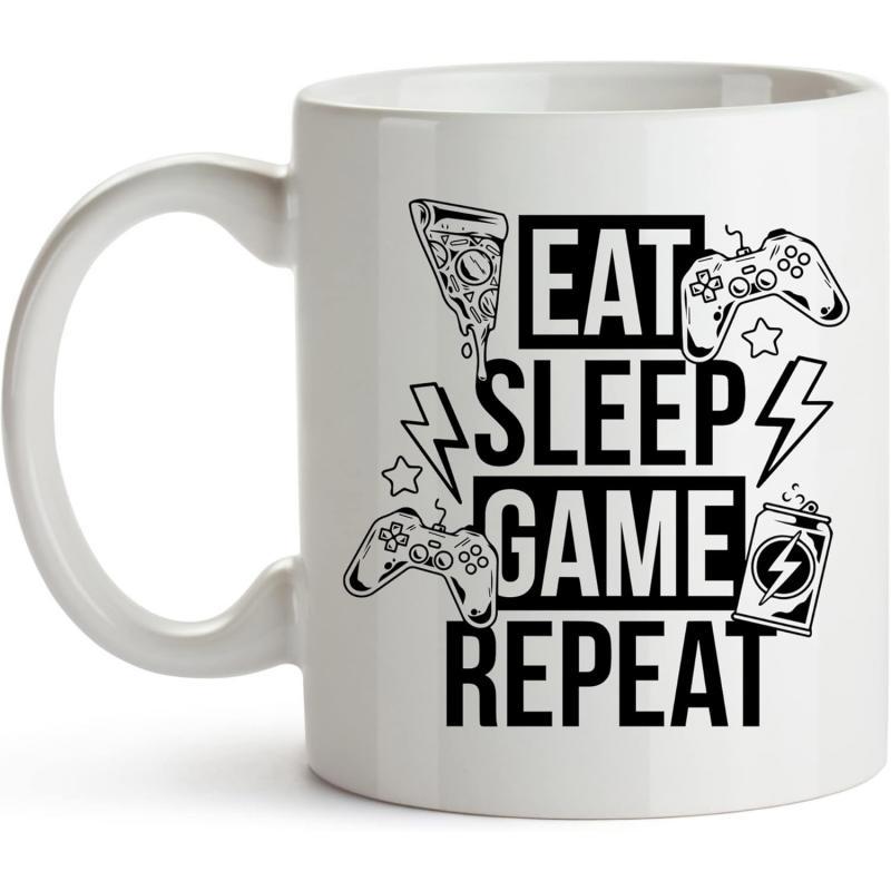 Tailorly White Ceramic 11 oz Mug - Eat Sleep Game Repeat Gaming Controllers Surrounded By Pizza Slices Lightning Bolts And Energy Drink Gamepad