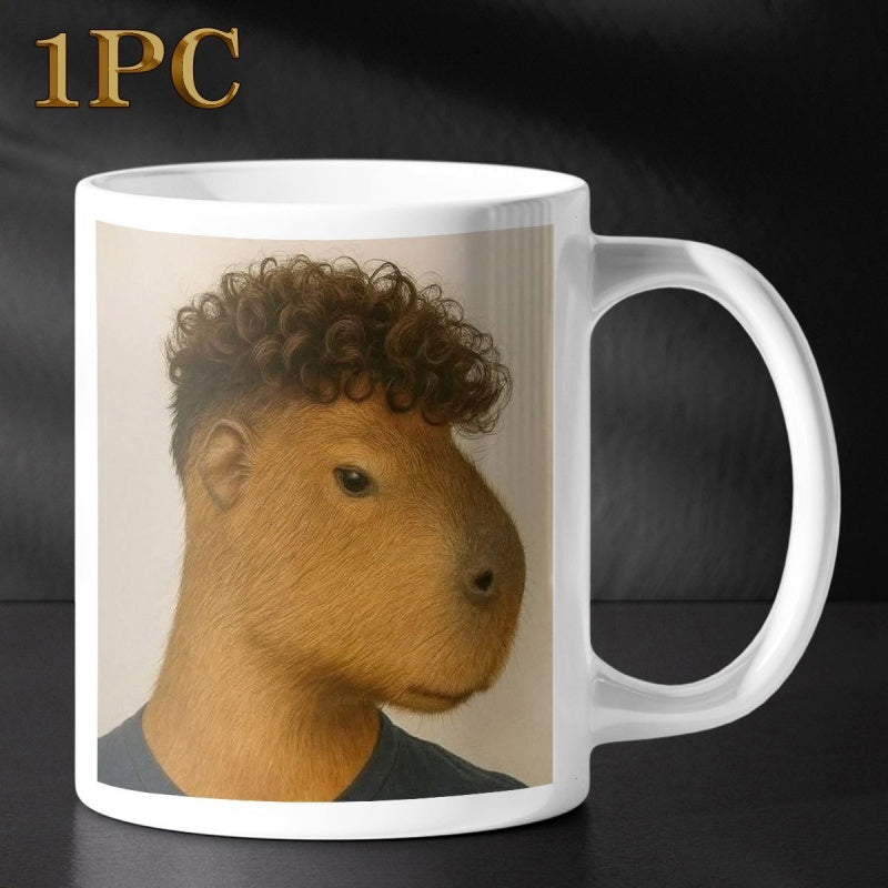 Tailorly White Ceramic 11 oz Mug - Humorous Brown Capybara Featuring A Stylish Curly Dark Perm Hairstyle Capybara