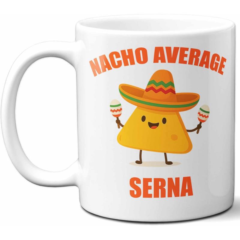 Tailorly White Ceramic 11 oz Mug - Nacho Average Serna Cute Smiling Yellow Triangle Chip Wearing Traditional Sombrero And Holding Maracas Nacho