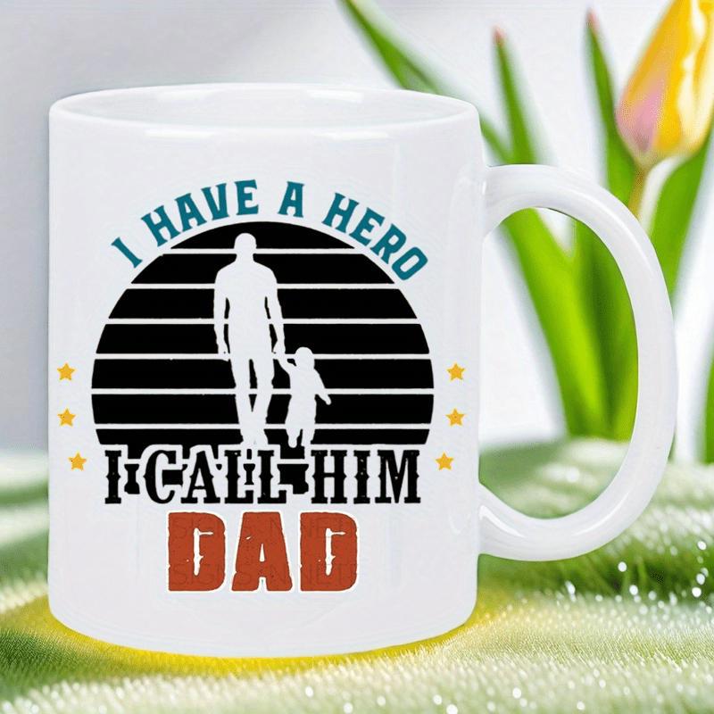 Tailorly White Ceramic 11 oz Mug - I Have A Hero I Call Him Dad Silhouettes Of Parent And Child Walking Under A Striped Retro Sun Father