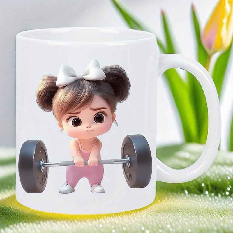 Tailorly White Ceramic 11 oz Mug - Adorable Little Girl With Bow Lifting Heavy Barbell Showing Determination Girl