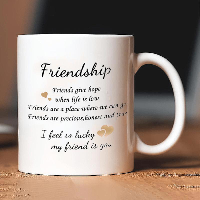 Tailorly White Ceramic 11 oz Mug - Friendship I Feel So Lucky My Friend Is You Pure White Ceramic Material With Small Golden Hearts And Script Text Mug