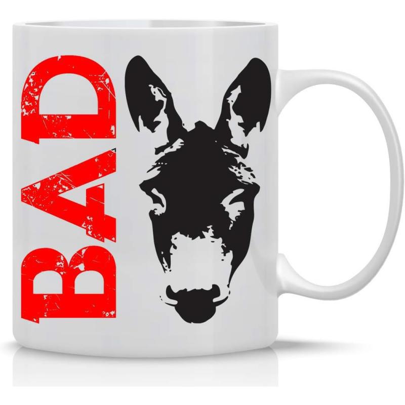 Tailorly White Ceramic 11 oz Mug - Bad Bold Distressed Red Lettering Featuring A High Contrast Minimalist Stencil Face Donkey