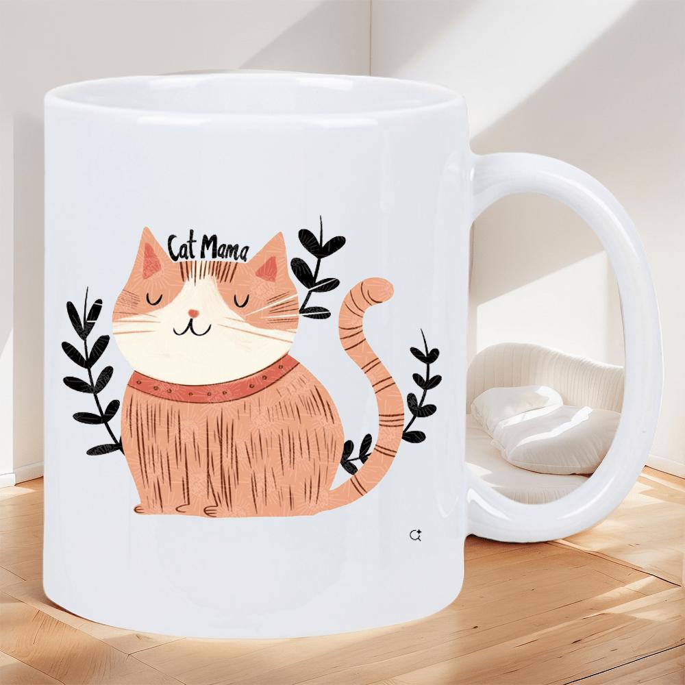 Tailorly White Ceramic 11 oz Mug - Cat Mom Adorable Smiling Orange Tabby Amidst Elegant Black Leafy Branches Cat