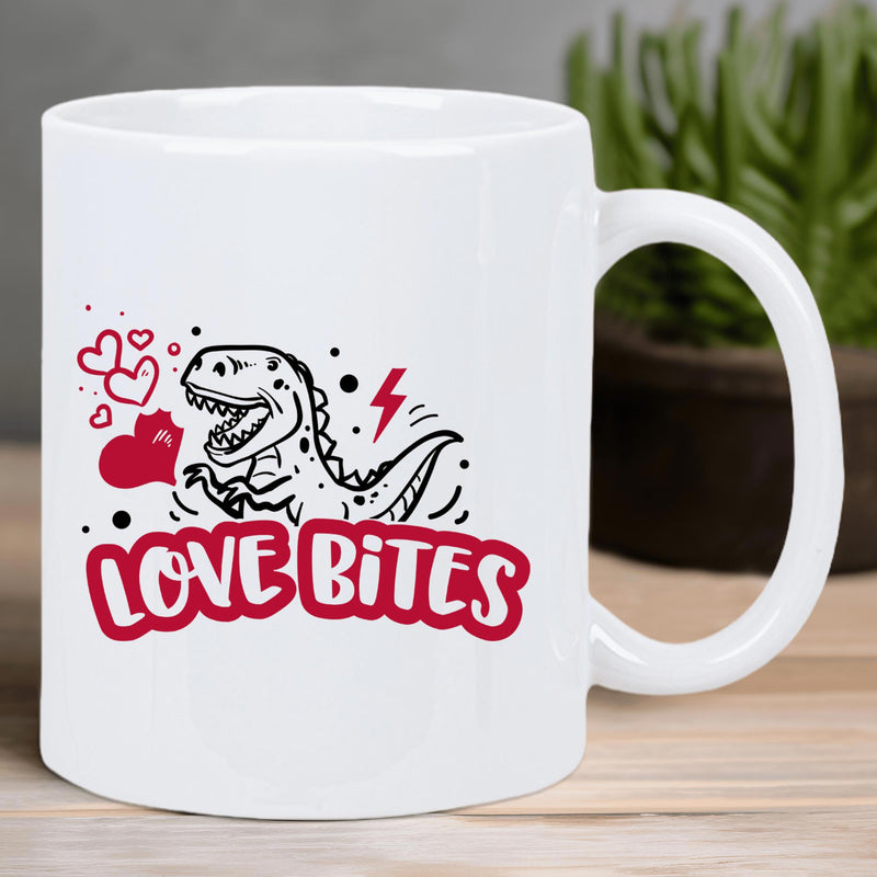 Tailorly White Ceramic 11 oz Mug - Love Bites Playful Cartoon Dinosaur Surrounded By Red Hearts And Small Lightning Bolt Dinosaur