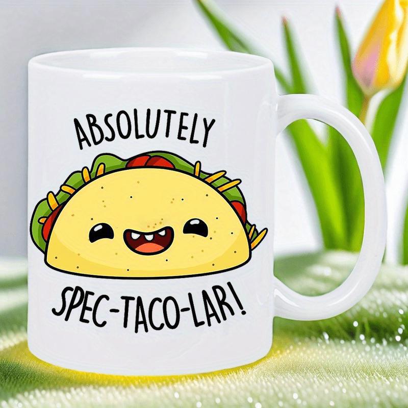 Tailorly White Ceramic 11 oz Mug - Absolutely Spec Taco Lar Smiling Happy Cartoon Mexican Food Character With Green Lettuce Taco