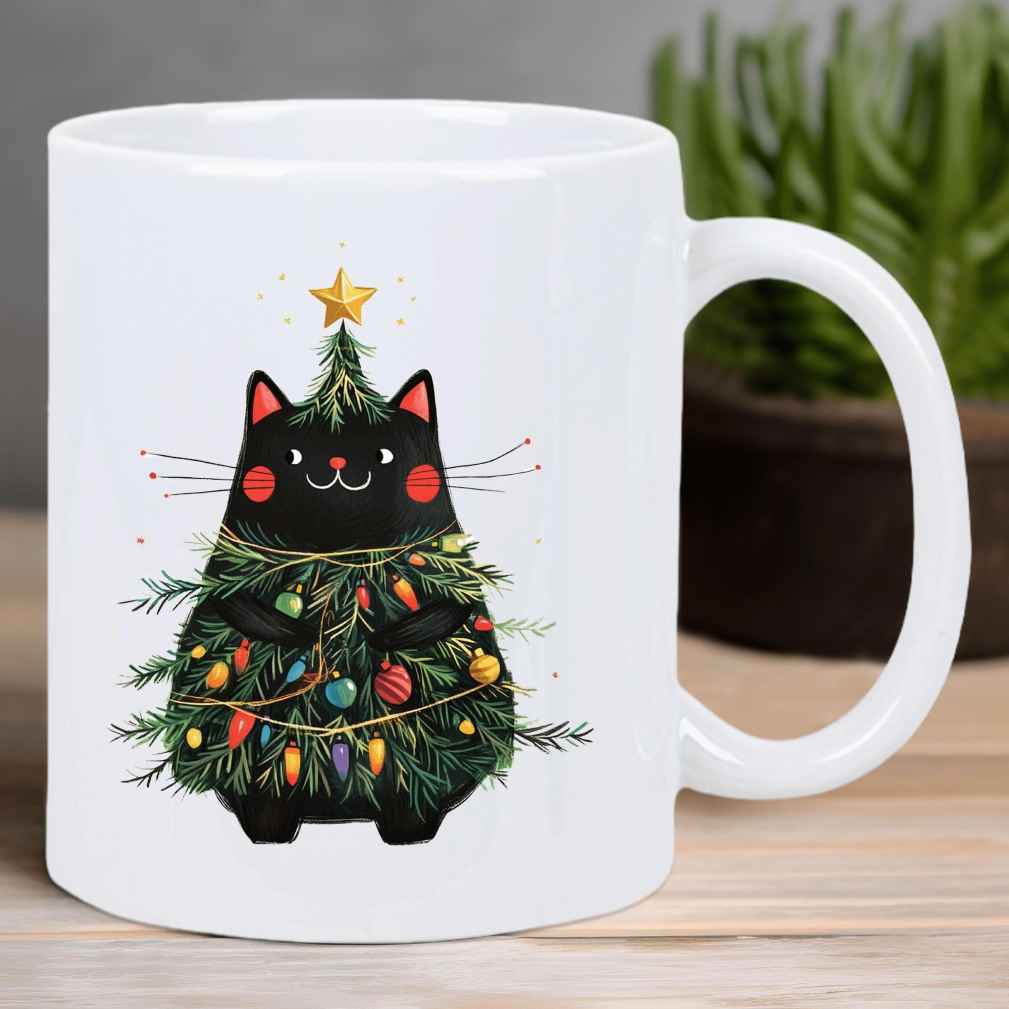Tailorly White Ceramic 11 oz Mug - Festive Round Black Silhouette Adorned With Evergreen Branches And Twinkling Lights Cat