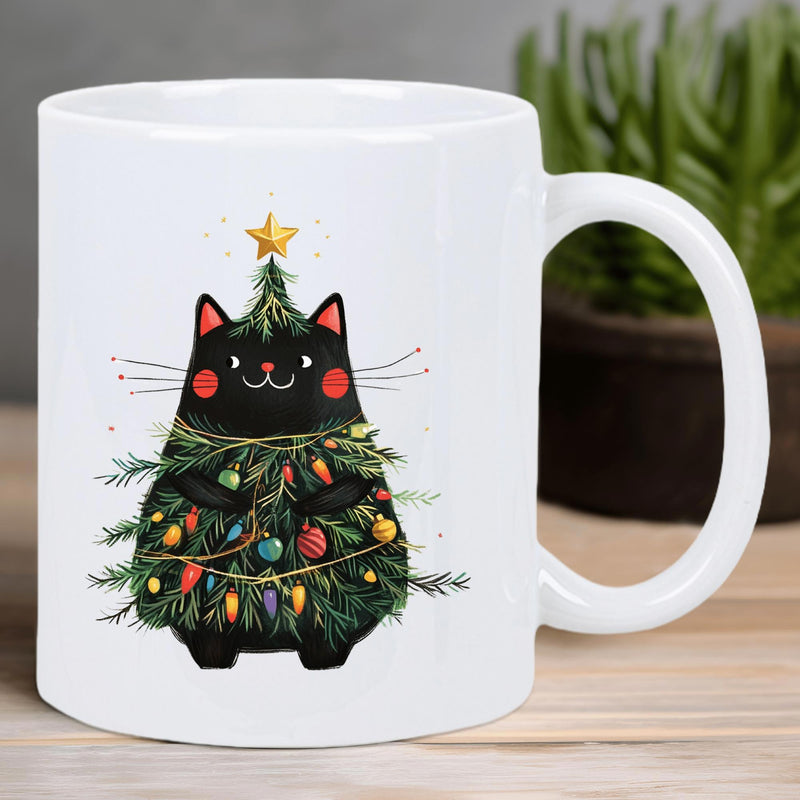 Tailorly White Ceramic 11 oz Mug - Festive Round Black Silhouette Adorned With Evergreen Branches And Twinkling Lights Cat