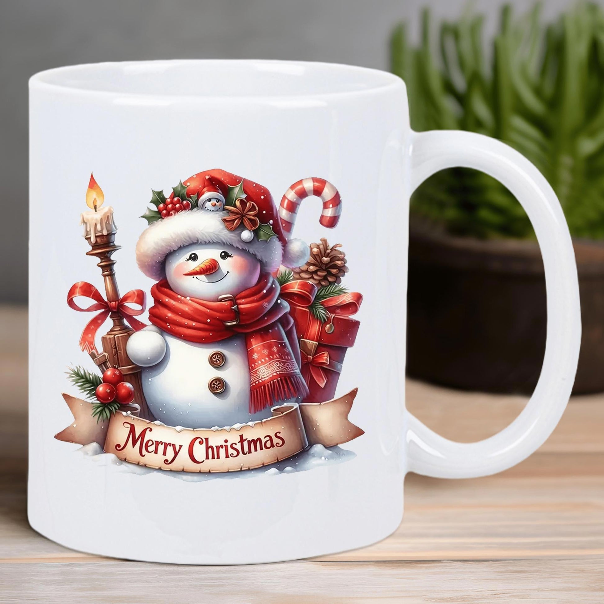 Tailorly White Ceramic 11 oz Mug - Merry Christmas Festive Winter Scene With Candy Cane Lantern And Red Scarf Snowman