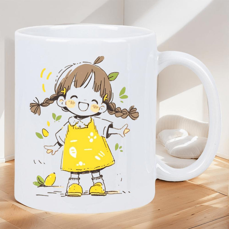Tailorly White Ceramic 11 oz Mug - Smiling Child Wearing Yellow Dress With Braided Hair Under Floating Leaves Girl