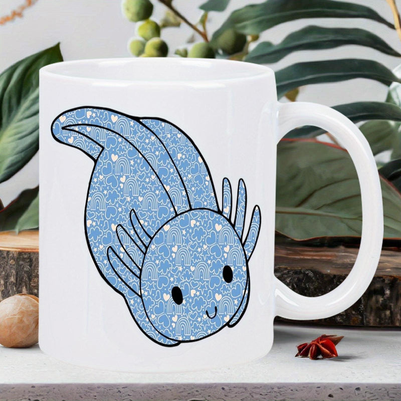 Tailorly White Ceramic 11 oz Mug - Sparkling Blue Body With Shimmering Stars Floating Over Friendly Cartoon Axolotl