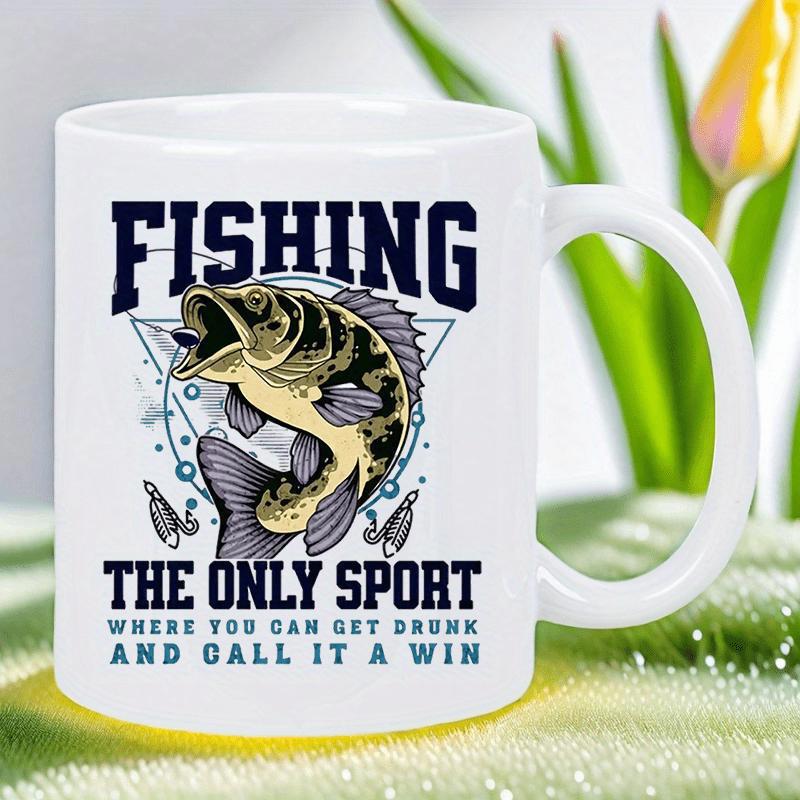 Tailorly White Ceramic 11 oz Mug - Fishing The Only Sport Where You Can Get Drunk And Call It A Win Detailed Jumping Largemouth Bass Leaping Through Geometric