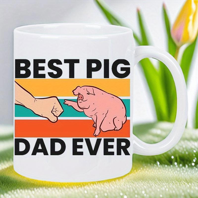 Tailorly White Ceramic 11 oz Mug - Best Pig Dad Ever Adorable Pink Pig Performing Fist Bump Against Retro Sunset Striped Background Pig