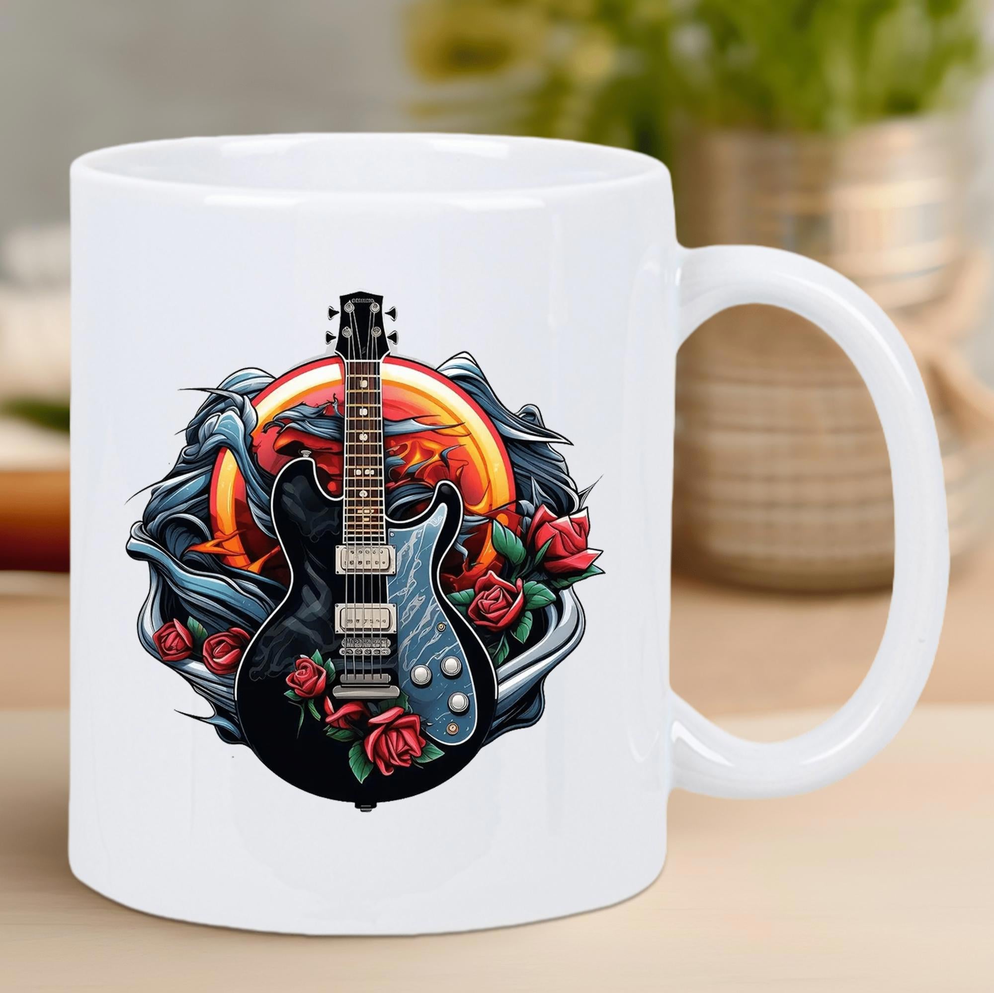 Tailorly White Ceramic 11 oz Mug - Stylized Electric Instrument With Red Roses Amidst Glowing Sun And Smoke Guitar