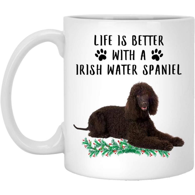 Tailorly White Ceramic 11 oz Mug - Life Is Better With A Irish Water Spaniel Majestic Brown Curly Coated Pet Resting Peacefully On Decorative Green Foliage Spaniel