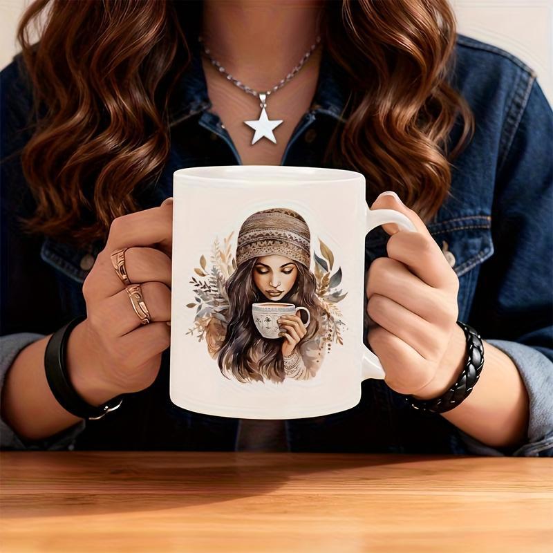 Tailorly White Ceramic 11 oz Mug - Artistic Young Woman Wearing Beanie Holding Cup With Delicate Foliage Accents Woman