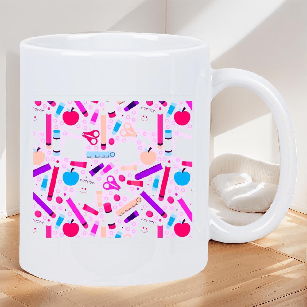 Tailorly White Ceramic 11 oz Mug - Vibrant Colorful School Supplies Including Pencils Scissors And Tiny Apples Pattern