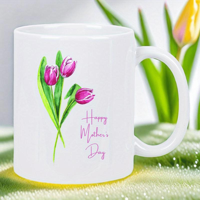Tailorly White Ceramic 11 oz Mug - Happy Mother's Day Vibrant Purple Blooming Petals With Elegant Green Leaves Tulip