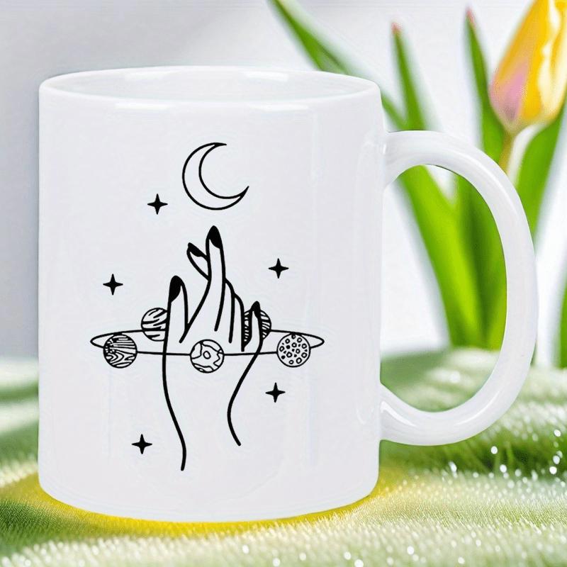 Tailorly White Ceramic 11 oz Mug - Mystical Celestial Line Art Featuring Crossed Fingers Among Planets And Moon Hand