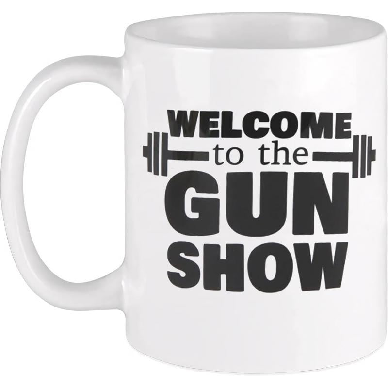 Tailorly White Ceramic 11 oz Mug - Welcome To The Gun Show Strong Industrial Style Heavy Weightlifting Equipment Silhouette Barbell