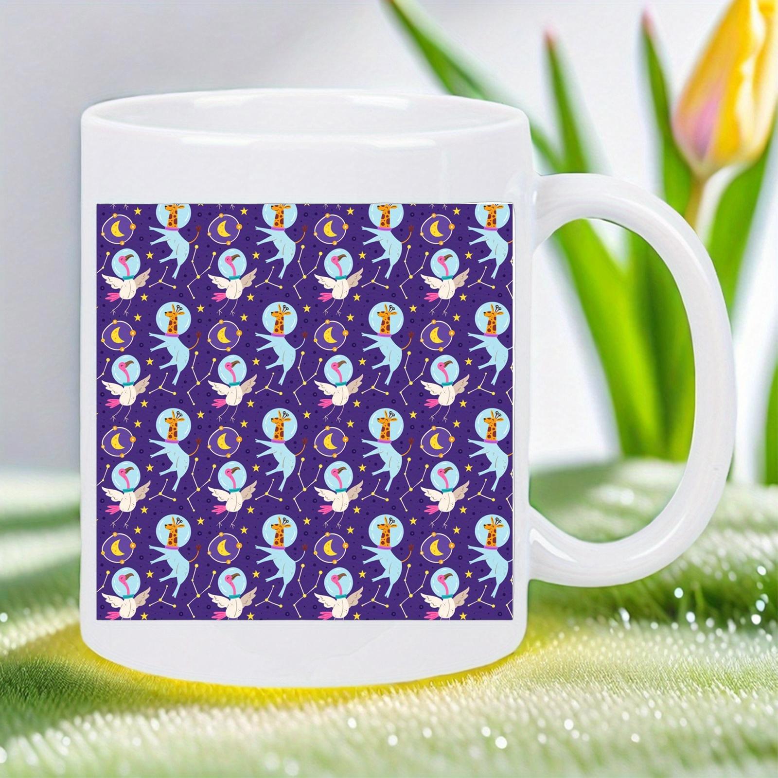 Tailorly White Ceramic 11 oz Mug - Whimsical Astronauts Floating In Deep Purple Space With Twinkling Stars Cat
