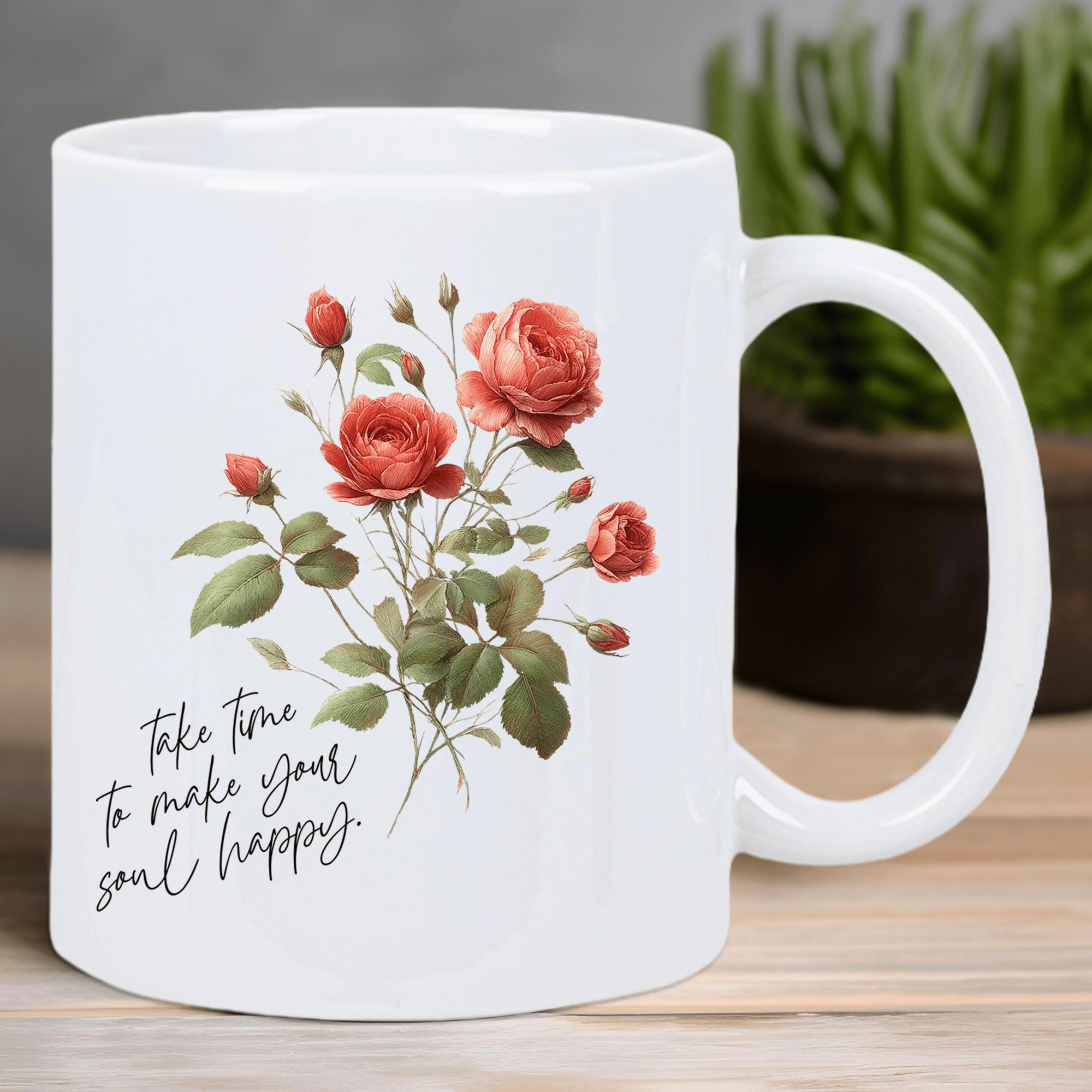 Tailorly White Ceramic 11 oz Mug - Take Time To Make Your Soul Happy Elegant Blooming Orange Blossoms Surrounded By Delicate Green Botanical Leaves Rose