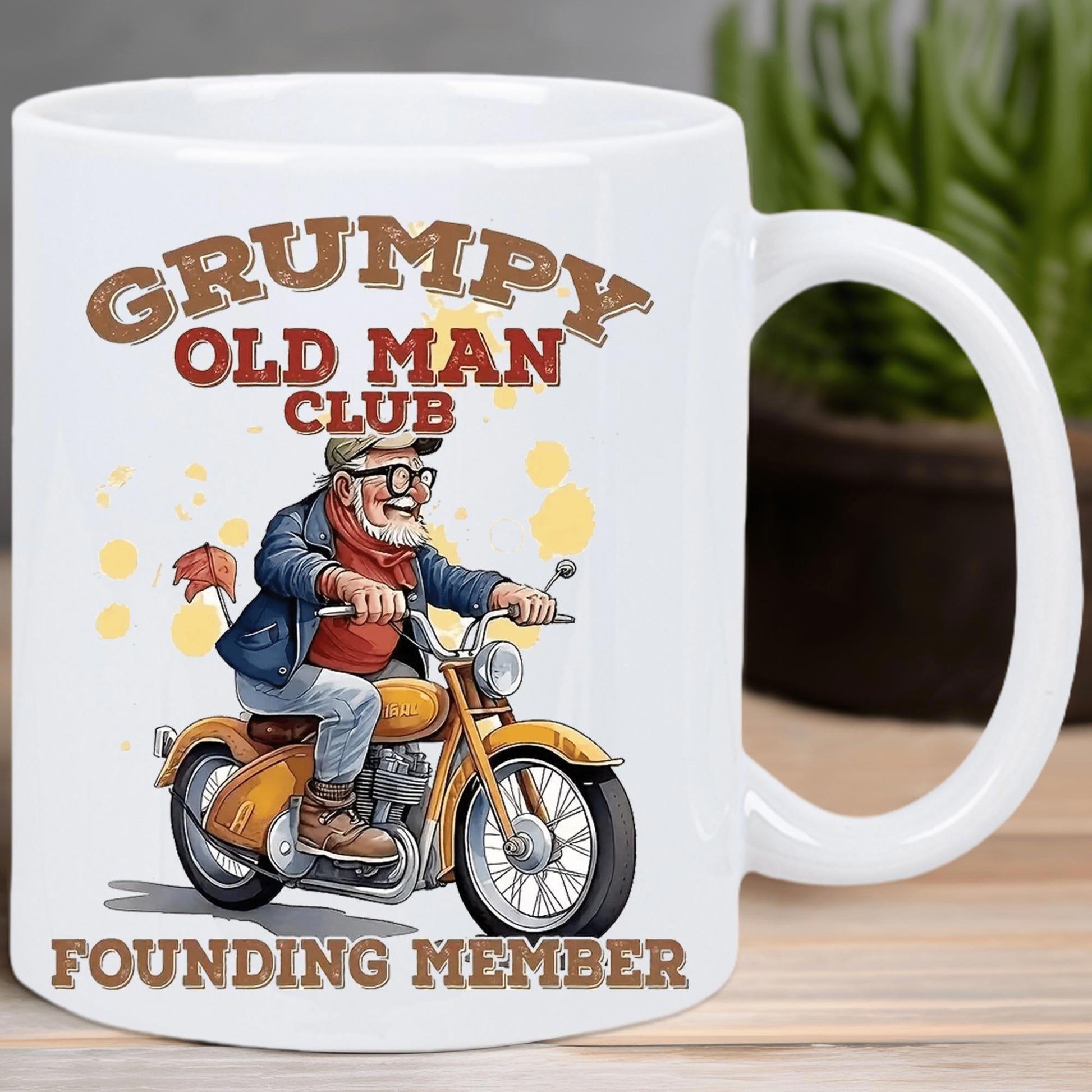 Tailorly White Ceramic 11 oz Mug - Grumpy Old Man Club Founding Member Elderly Man Riding An Orange Vintage Bike With Yellow Circles Motorcycle