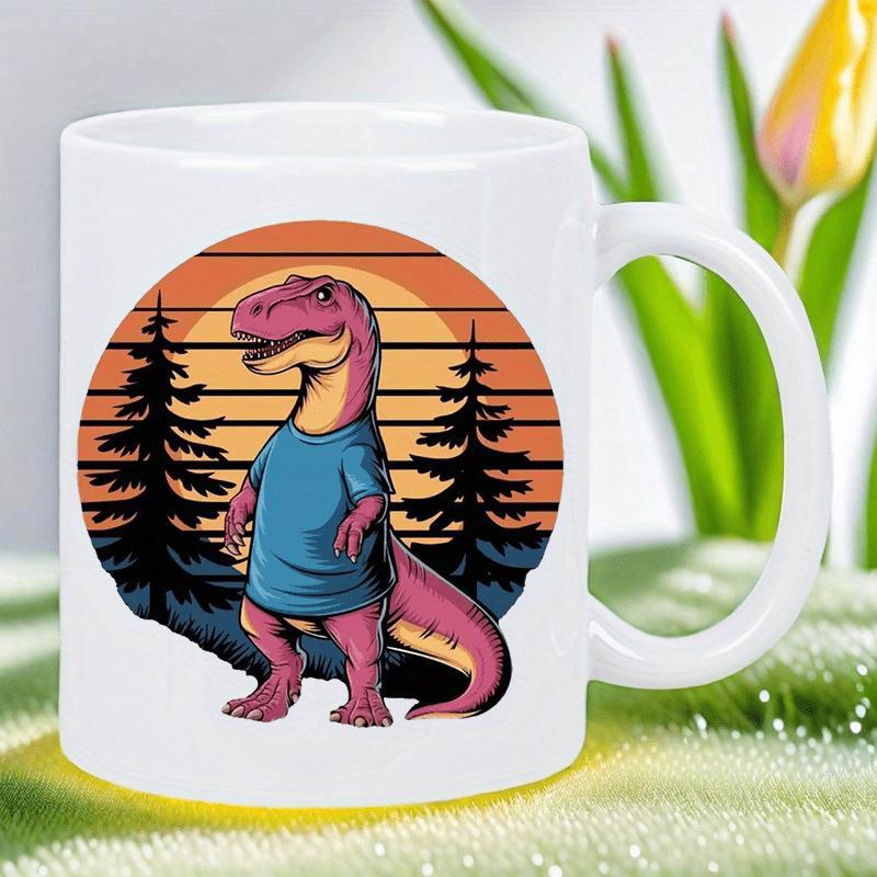 Tailorly White Ceramic 11 oz Mug - Vintage Style Striped Sunset With Silhouette Pine Trees And Friendly Cartoon Dinosaur