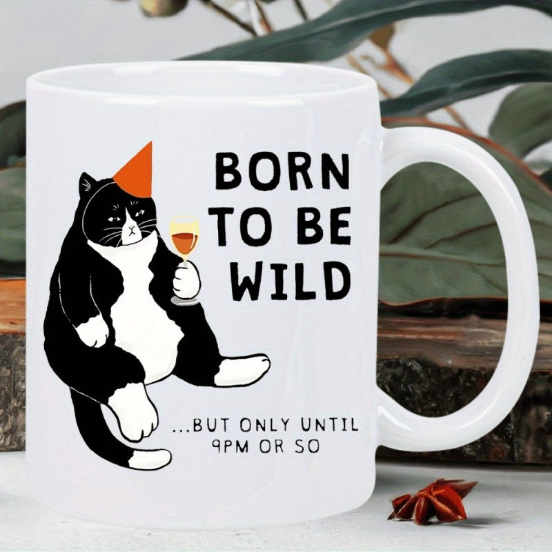 Tailorly White Ceramic 11 oz Mug - Born To Be Wild But Only Until 9pm Or So Chubby Tuxedo Cat Wearing Orange Party Hat Holding Wine Glass Cat